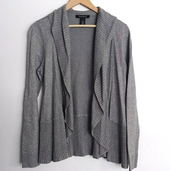 White House Black Market Sweaters - White House Black Market Silver Ruffle Cardigan S